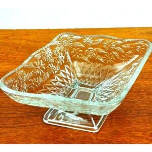 Vintage Indiana Glass Diamond Shape Clear Glass Floral Footed Candy Dish Bowl
